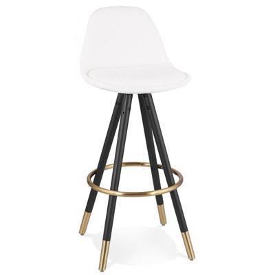 Tabouret de bar 'Moden' tissu bouclé blanc 4 pieds bois noir repose pieds et pieds doré dossier haut