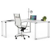 Bureau de direction d'angle 'Business L' plateau bois blanc pieds métal blanc et chromé – 160 cm