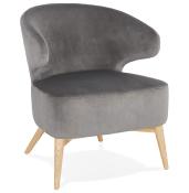 Fauteuil lounge design à accoudoirs 'COBBE' en velours gris et pieds en bois naturel