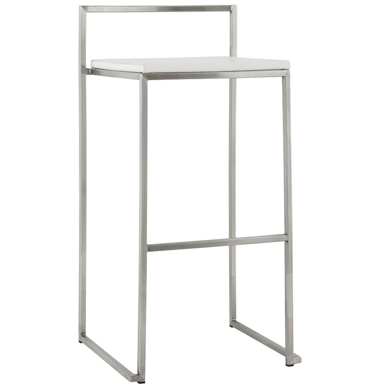 Tabouret de bar empilable design carré 'Iron' blanc avec pieds en métal brossé et dossier bas