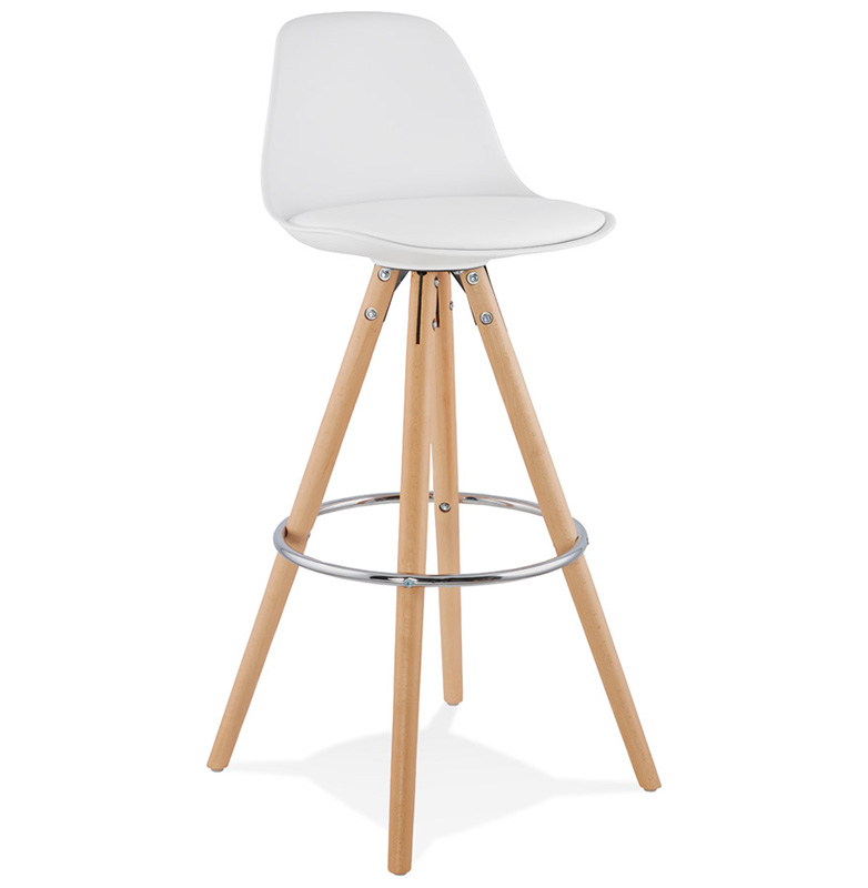 Tabouret de bar scandinave 'Circle' blanc 4 pieds bois et repose pieds en métal chromé dossier haut