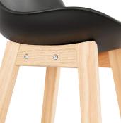 Tabouret de bar design scandinave 'Chairman' noir avec 4 pieds en bois naturel et dossier haut