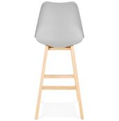 Tabouret de bar design scandinave ‘Chairman’ gris avec 4 pieds en bois naturel et dossier haut