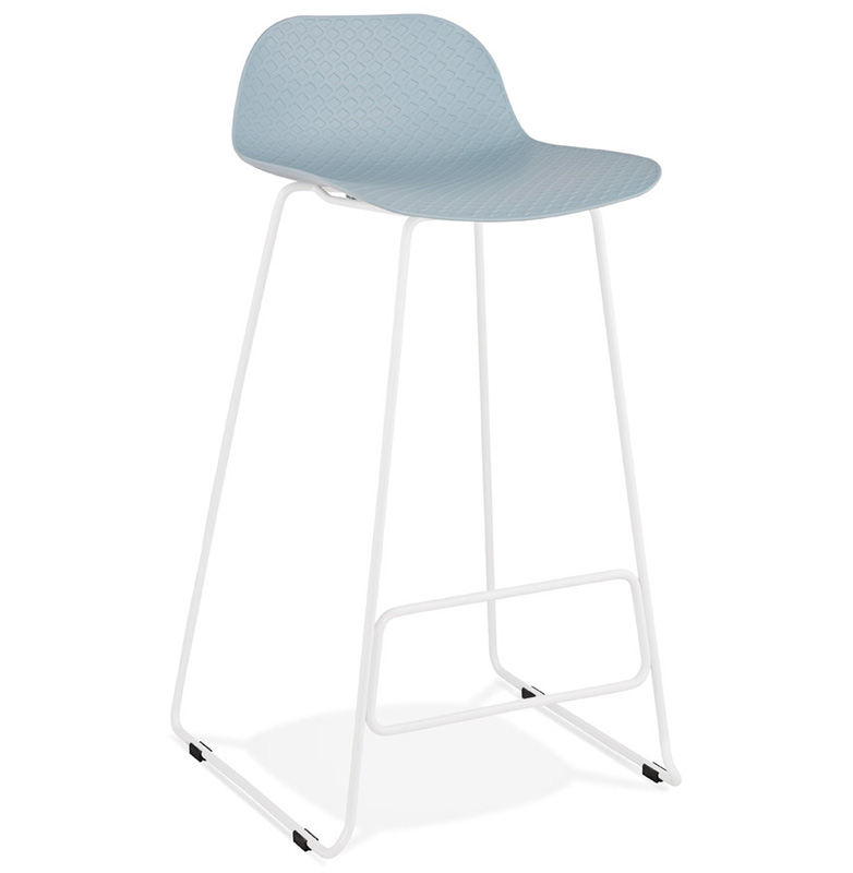 Tabouret de bar design 'Steel' bleu pieds tréteaux et repose pieds en métal blanc et dossier bas