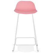 Tabouret de bar design 'Steel' rose pieds tréteaux et repose pieds en métal blanc et dossier bas