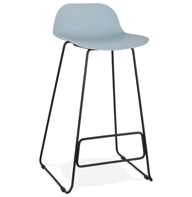 Tabouret de bar design 'Steelblack' bleu pieds tréteaux et repose pieds en métal noir dossier bas