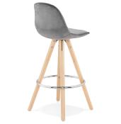 Tabouret snack mi-hauteur scandinave 'CIRCLE MINI' velours gris 4 pieds bois et chromé dossier haut