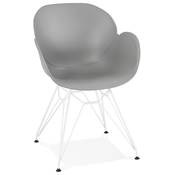 Chaise style industriel design à accoudoirs 'LOTUS' grise avec 4 pieds en métal blanc