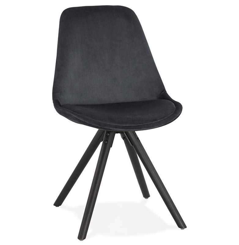 Chaise design 'Black Firenza' en velours noir avec 4 pieds en bois noir