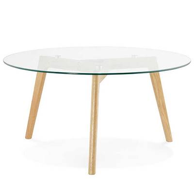 Table basse scandinave ronde 'Kölmy' plateau en verre 3 pieds en bois – Ø 90 cm