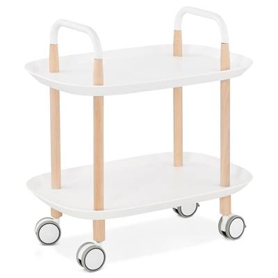 Desserte roulante 'FASTY' plateau blanc et pieds en bois naturel sur roulettes blanches