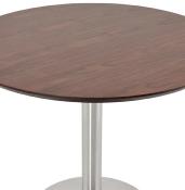 Petite table / table de réunion ronde 'Elea' plateau noyer pied central acier brossé - Ø 90 cm