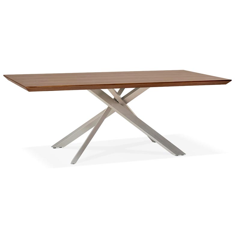Table de salle à manger design 'Tepee Wood' plateau noyer pieds en acier brossé - 200 x 100 cm