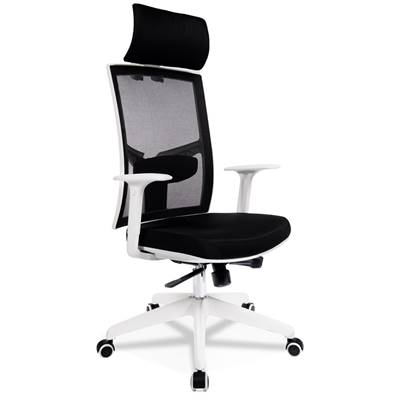 Fauteuil de bureau design à roulettes dossier haut 'TWICE' tissu noir structure blanche pieds blanc