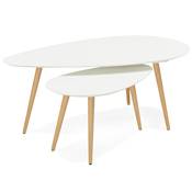 Tables basses gigognes ovales scandinave 'Sisko' plateau bois blanc et 3 pieds en bois - 116 x 66 cm