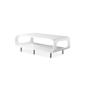 Table basse design rectangulaire 'Glossy' blanche laquée 4 pieds chromés espace rangement 85 x 50 cm