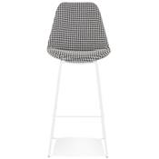 Tabouret de bar 'KESKI' en tissu pied de poule 4 pieds et repose pieds en métal blanc dossier haut