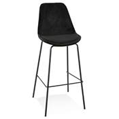 Tabouret de bar baroque 'KESKI' en velours noir 4 pieds et repose pieds en métal noir dossier haut
