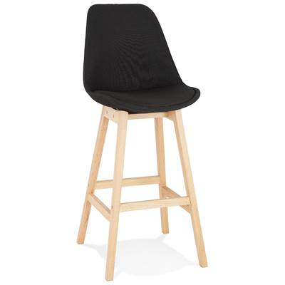 Tabouret de bar design scandinave 'CHAIRMAN' en tissu noir 4 pieds en bois naturel et dossier haut