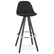 Tabouret de bar 'BLACK CIRCLE' en tissu noir 4 pieds bois noir et repose pieds chromé dossier haut