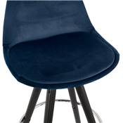 Tabouret de bar 'BLACK CIRCLE' velours bleu 4 pieds bois noir repose pieds métal chromé dossier haut