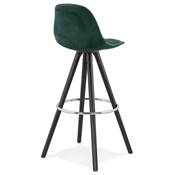 Tabouret de bar 'BLACK CIRCLE' velours vert 4 pieds bois noir repose pieds métal chromé dossier haut