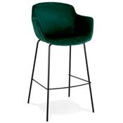 Tabouret de bar design à accoudoirs moderne 'CARINO' en velours vert avec 4 pieds en métal noir