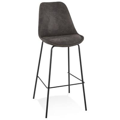 Tabouret de bar baroque 'KESKI' en microfibre grise 4 pieds et repose pieds métal noir dossier haut
