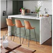 Tabouret de bar design moderne 'KESKI' marron 4 pieds et repose pieds en métal noir dossier haut