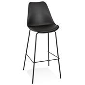 Tabouret de bar design moderne 'KESKI' noir avec 4 pieds et repose pieds en métal noir dossier haut