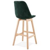 Tabouret de bar design scandinave 'CHAIRMAN' en velours vert 4 pieds en bois naturel et dossier haut