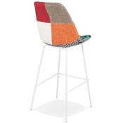 Tabouret de bar 'KESKI' tissu patchwork multicolor 4 pieds et repose pieds métal blanc dossier haut