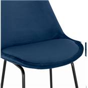 Tabouret de bar 'GUSTO' en velours bleu pieds tréteaux et repose pieds en métal noir dossier haut