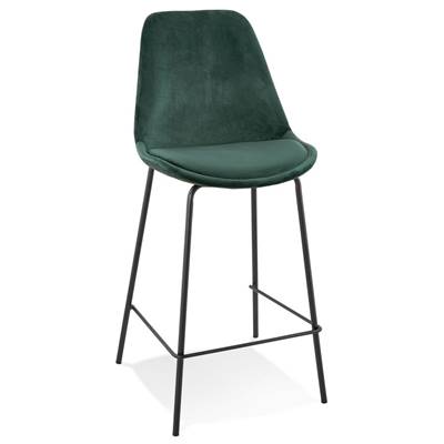 Tabouret de snack mi-hauteur baroque 'KESKI MINI' en velours vert 4 pieds en métal noir dossier haut