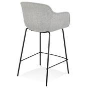 Tabouret snack mi-hauteur accoudoirs 'CARINO MINI' tissu gris clair 4 pieds métal noir dossier haut