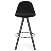 Tabouret snack mi-hauteur 'BLACK CIRCLE MINI' velours noir 4 pieds bois noir et chromé dossier haut