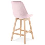 Tabouret snack mi-hauteur scandinave 'CHAIRMAN MINI' velours rose 4 pieds bois naturel dossier haut