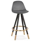 Tabouret snack mi-hauteur 'MODEN MINI' velours gris 4 pieds bois noir pieds métal doré dossier haut
