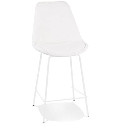 Tabouret de snack mi-hauteur design 'KESKI MINI' en tissu bouclé blanc avec 4 pieds et repose pieds en métal blanc dossier haut