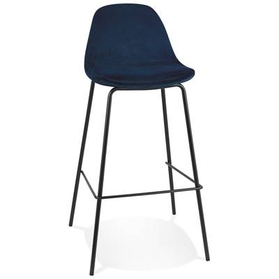 Tabouret de bar design style baroque 'Tekno' en velours bleu 4 pieds en métal noir et dossier haut