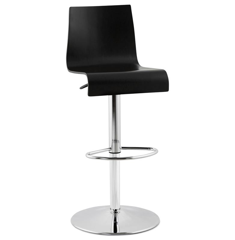 Tabouret de bar réglable 'Slider' pivotant bois noir pied repose pieds métal chromé dossier haut