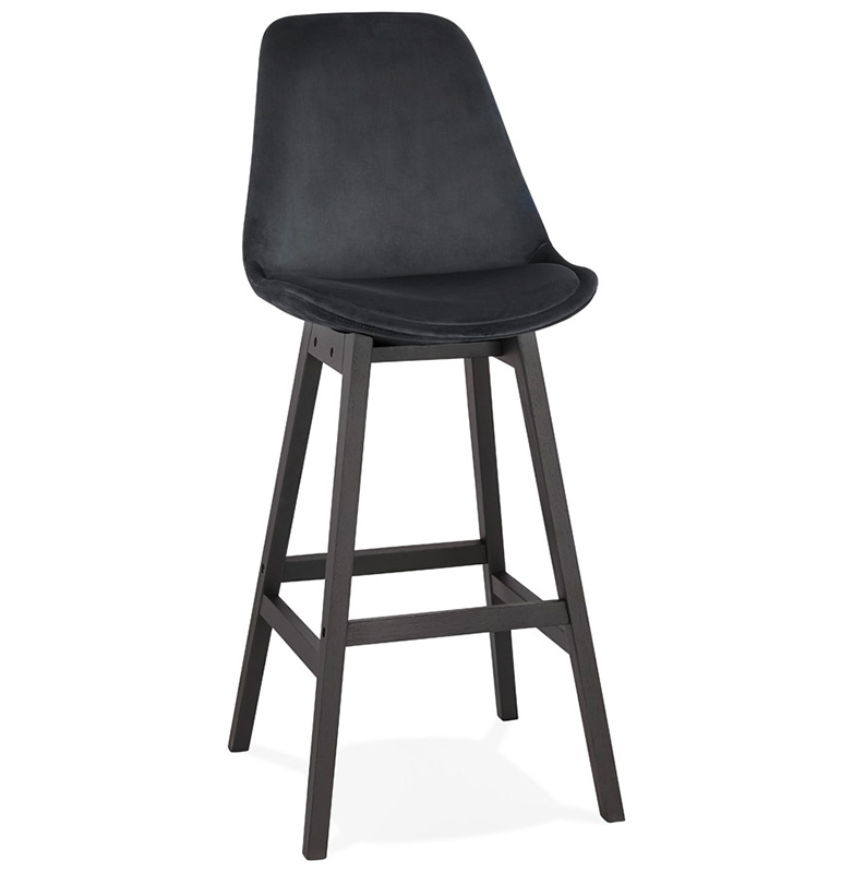 Tabouret de bar design scandinave 'Chairman Black Edition' velours noir 4 pieds en bois noir dossier haut