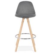 Tabouret snack mi-hauteur scandinave 'CIRCLE MINI' velours gris 4 pieds bois et chromé dossier haut