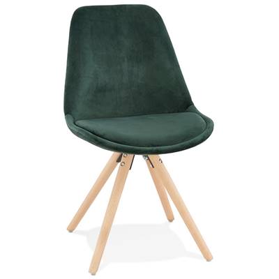 Chaise design 'Firenza' en velours verte avec 4 pieds en bois naturel