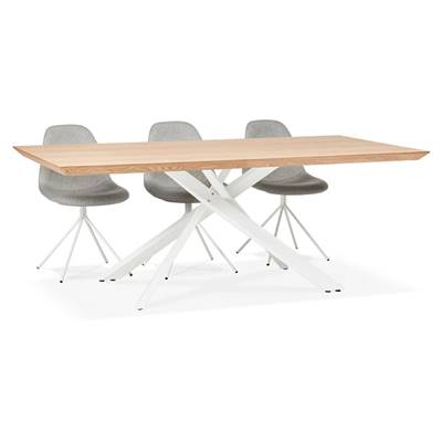 Table de salle à manger design 'Tepee Wood' plateau bois naturel pieds en métal blanc - 200 x 100 cm