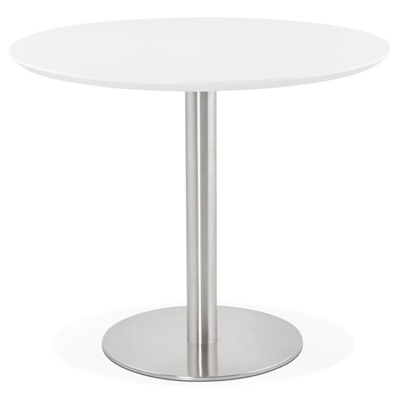 Petite table / table de réunion ronde 'Elea' blanche en bois pied central acier brossé - Ø 90 cm