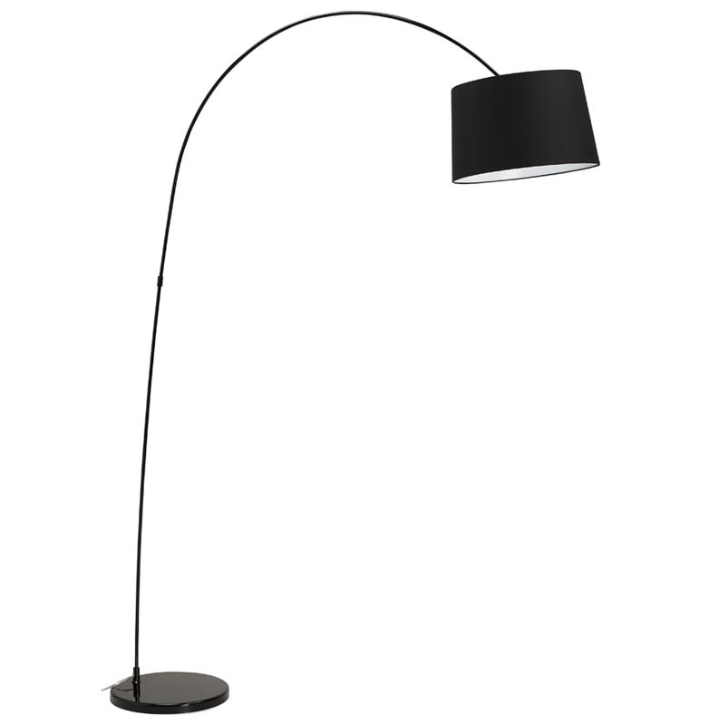 Lampadaire arqué design 'Sigill' abat-jour en tissu noir structure et socle en métal noir