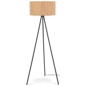 Lampadaire trépied scandinave 'SUGHERO' avec abat-jour en liège naturel et 3 pieds en métal noir