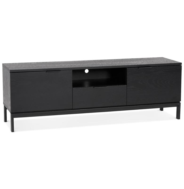 Meuble TV design 'SEANCE' en bois noir 2 portes et 1 tiroir avec pieds en métal thermolaqué noir