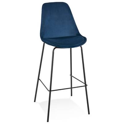 Tabouret de bar baroque 'KESKI' en velours bleu 4 pieds et repose pieds en métal noir dossier haut